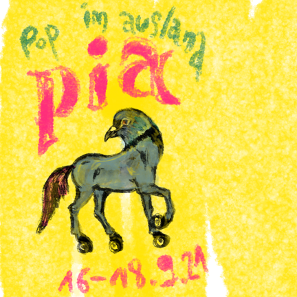 pop im ausland pia 16-18.9.21 yellow background with crayon, im the middle a creature with pigeon head and horse body in grey