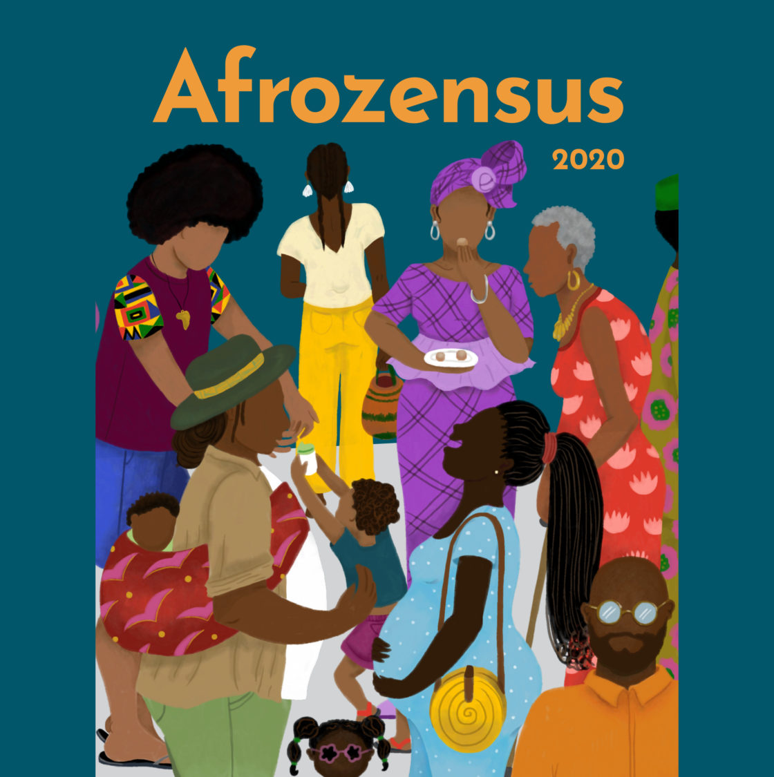 deep green background with orange letter "Afroizensus 2020" with illustration of some Black people with colouful clothsings from baybe to old person. Hélène Baum-Owoyele
