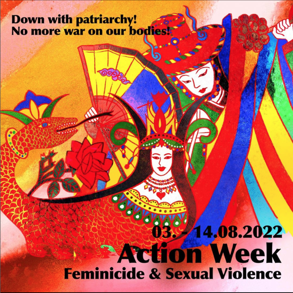 Down with patriarchy! No more war on our bodies! 8.3. - 14.8.2022 Action Week Feminicide & Sexual Violence. Illustration of two women one in Korean other in Ezidi traditional costume. Friendly dinosaur with throne on left with red rose
