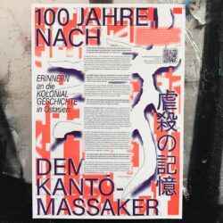 100 Jahre nach dem Kanto-Massaker. Plakat in Rot/Blau Risographie.